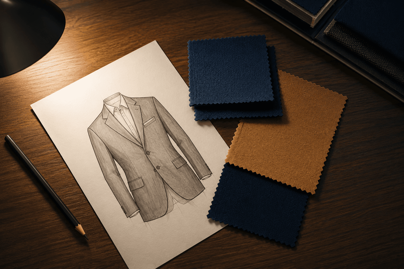 Hand-drawn fashion sketch with fabric swatches